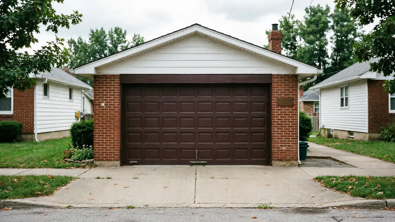 A brown paneled garage door is centered on a brick garage.
