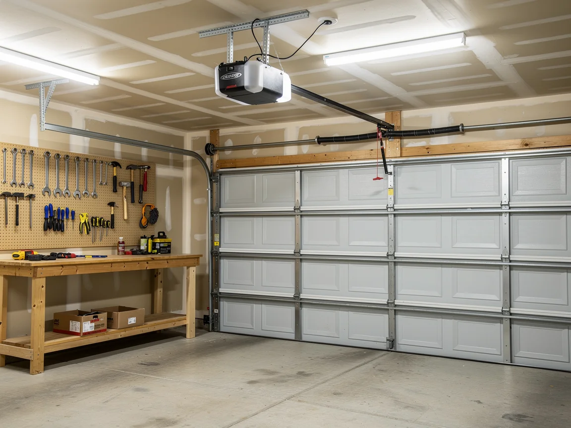A garage interior shows a light gray garage door, opener, and workbench with tools.