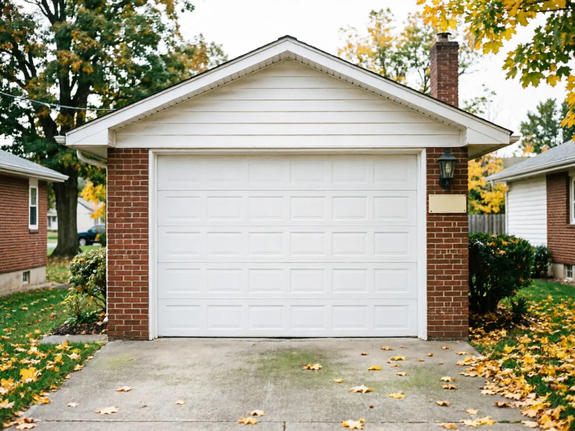 A white garage door is on a brick house with autumn leaves on the ground.